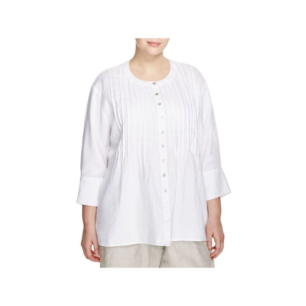 ALLEN ALLEN Womens Pleated 3/4 Sleeve Crew Neck Wear To Work Button Up Top